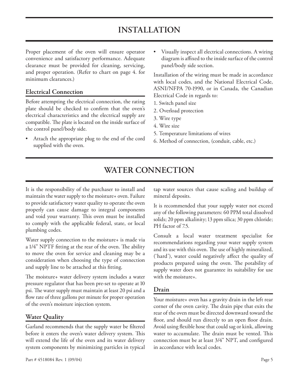 Installation, Water connection | Garland MPOE5L User Manual | Page 5 / 16