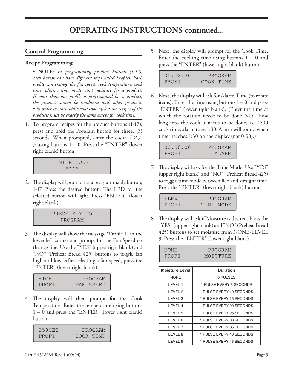 Operating instructions continued, Control programming | Garland MPOE5L User Manual | Page 9 / 16