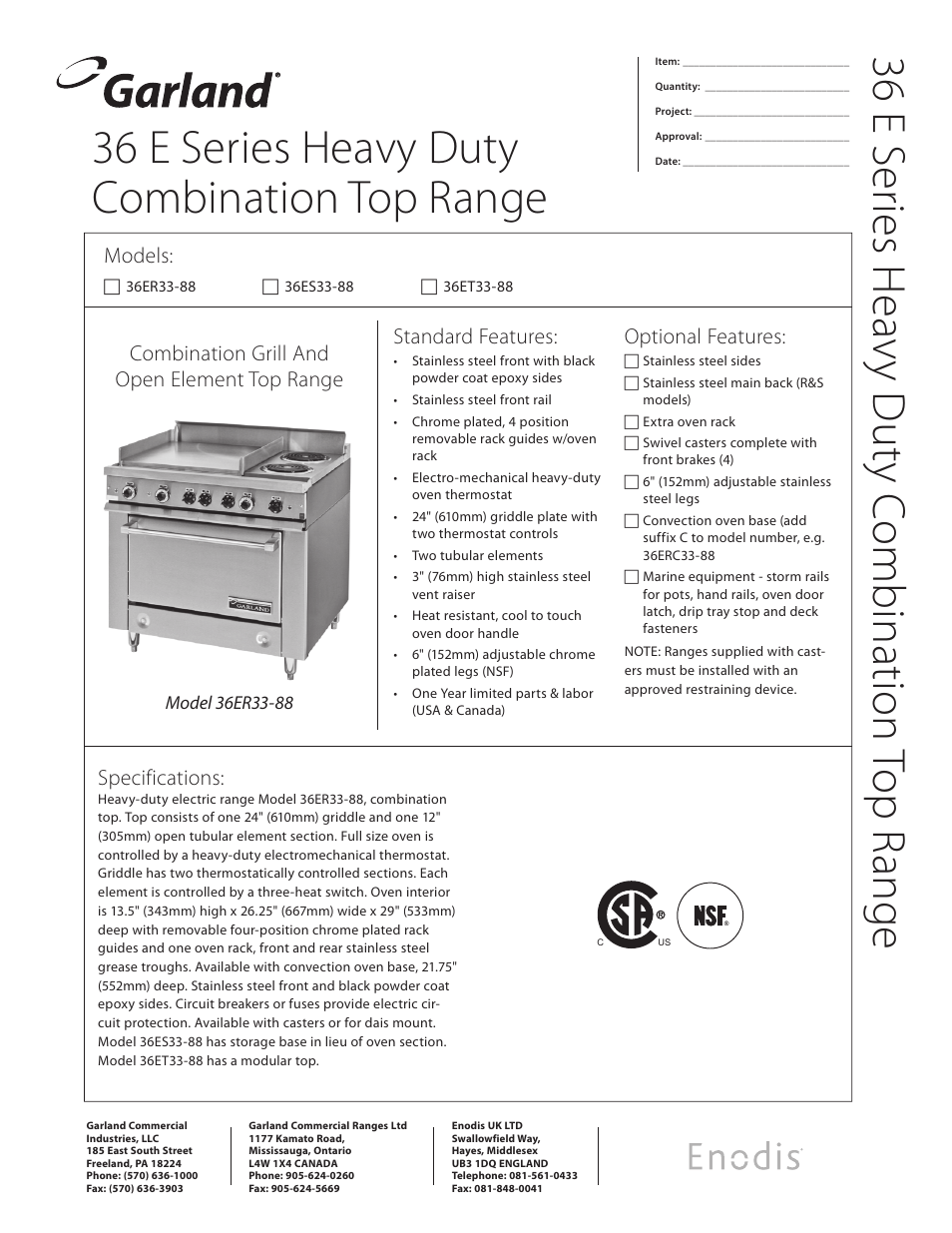 Garland Enodis 36E Series User Manual | 2 pages