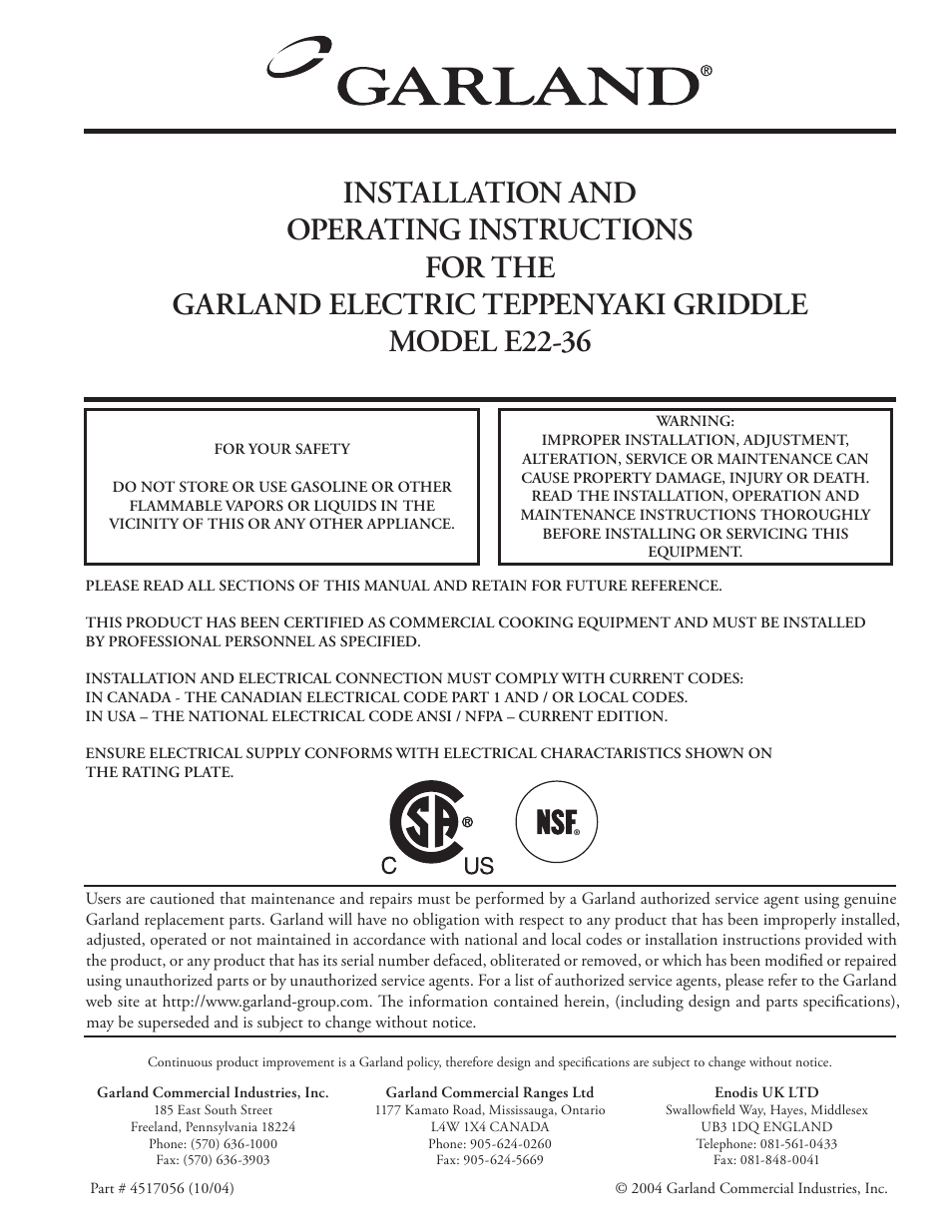 Garland E22-36 User Manual | 8 pages