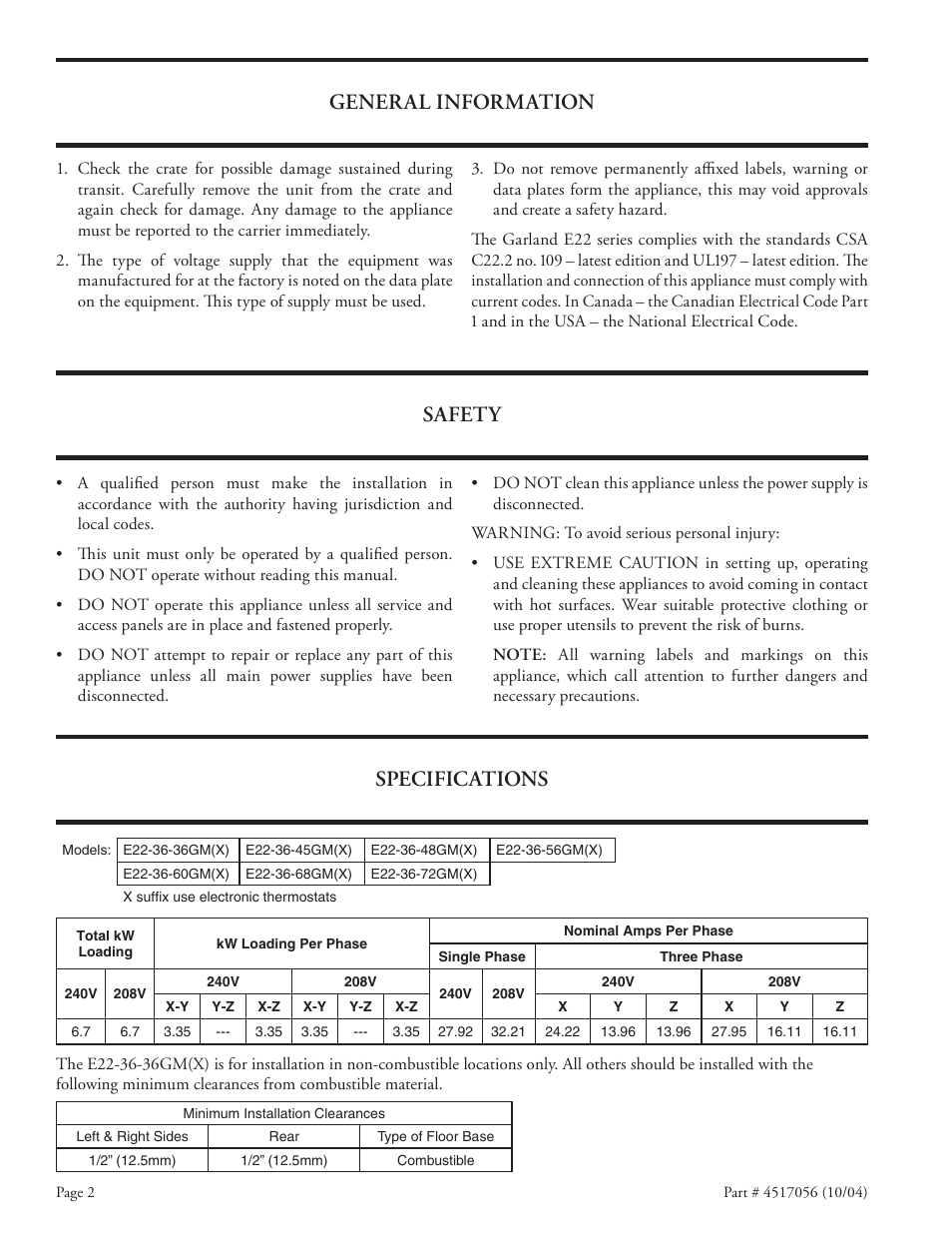 General information safety, Specifications | Garland E22-36 User Manual | Page 2 / 8