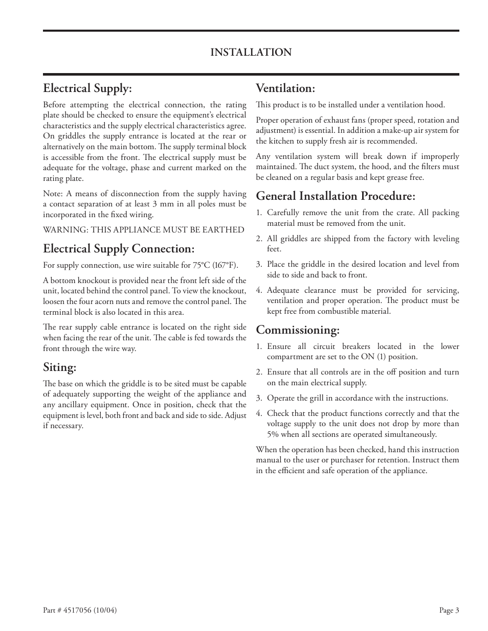 Electrical supply, Electrical supply connection, Siting | Ventilation, General installation procedure, Commissioning | Garland E22-36 User Manual | Page 3 / 8