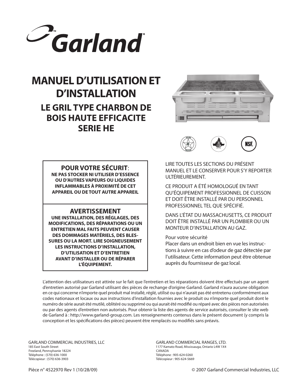 Manuel d’utilisation et d’installation, Pour votre sécurit, Avertissement | Garland RADIANT CHAR-BROILER 4522970 REV 1 User Manual | Page 11 / 32
