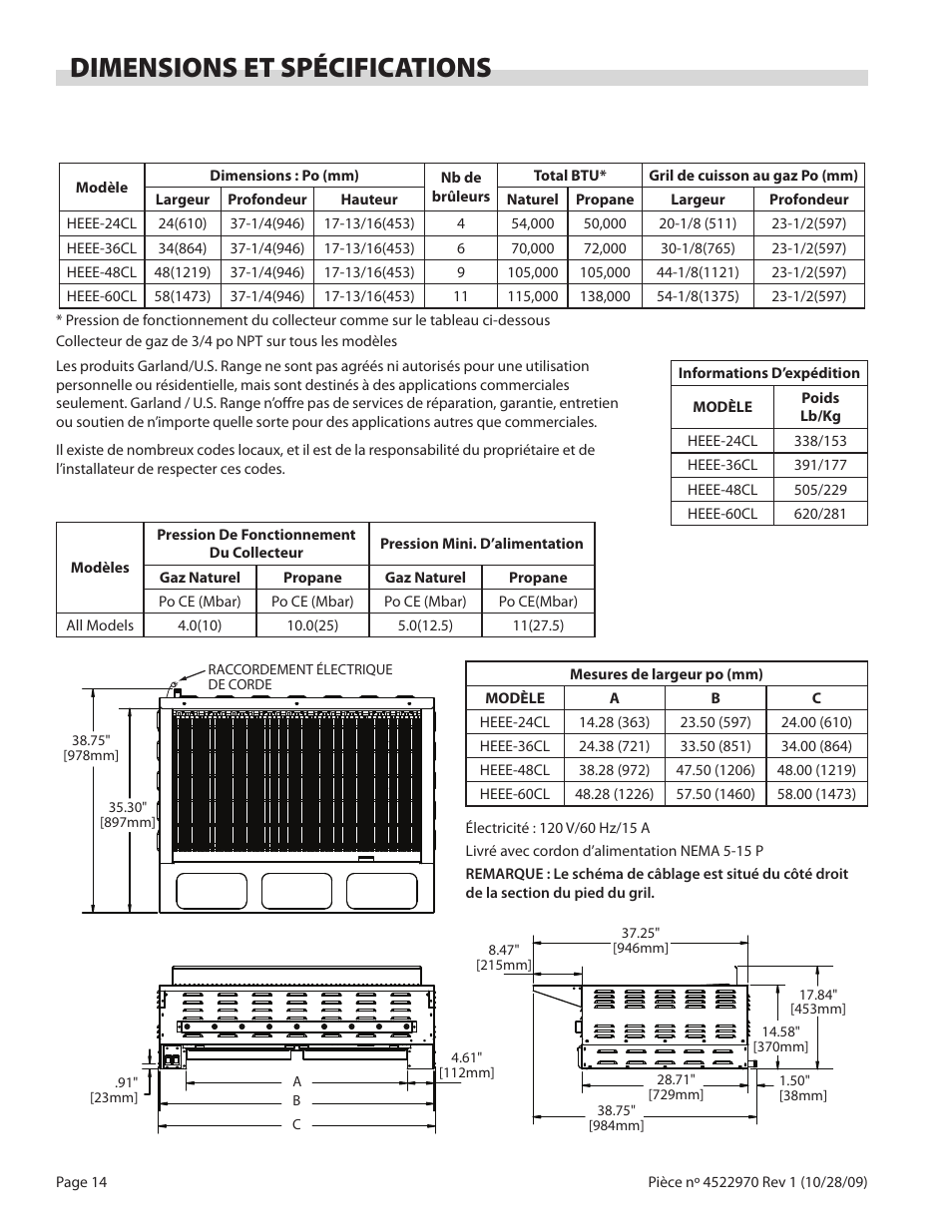 Dimensions et spécifications | Garland RADIANT CHAR-BROILER 4522970 REV 1 User Manual | Page 14 / 32