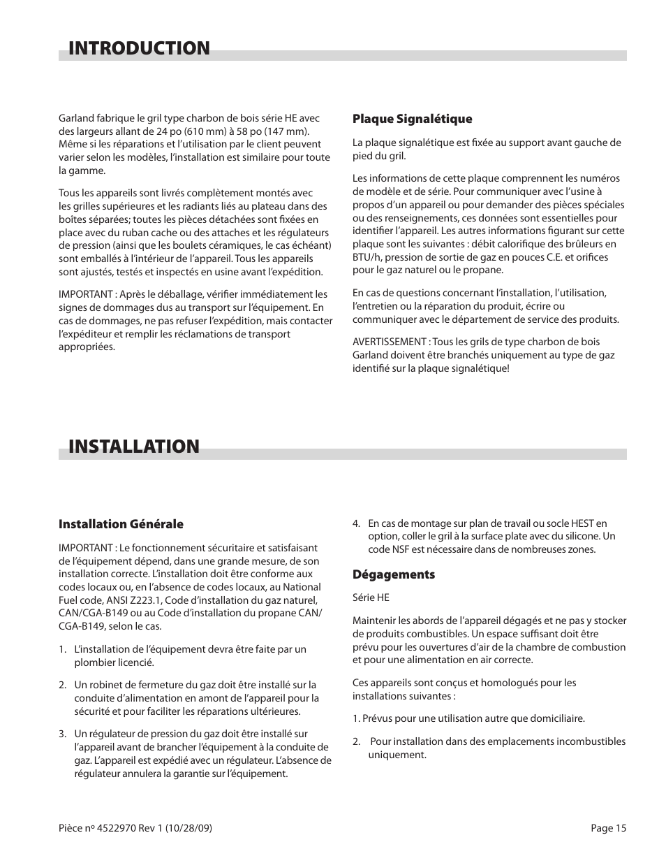 Introduction, Installation | Garland RADIANT CHAR-BROILER 4522970 REV 1 User Manual | Page 15 / 32