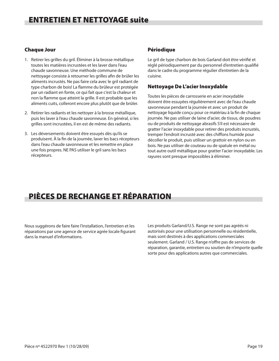 Pièces de rechange et réparation, Entretien et nettoyage suite | Garland RADIANT CHAR-BROILER 4522970 REV 1 User Manual | Page 19 / 32