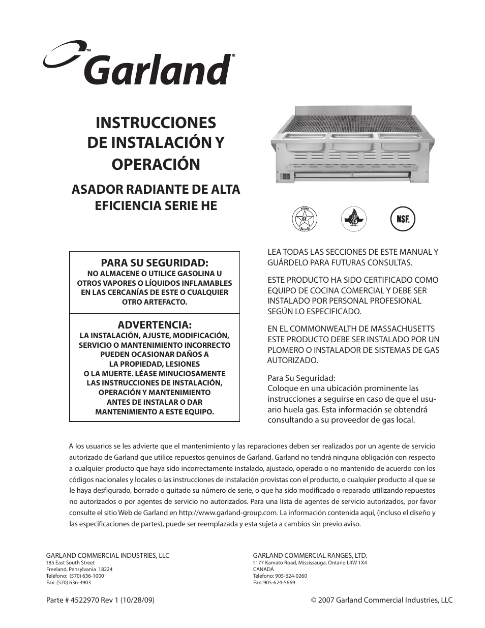 Instrucciones de instalación y operación, Asador radiante de alta eficiencia serie he, Para su seguridad | Advertencia | Garland RADIANT CHAR-BROILER 4522970 REV 1 User Manual | Page 21 / 32