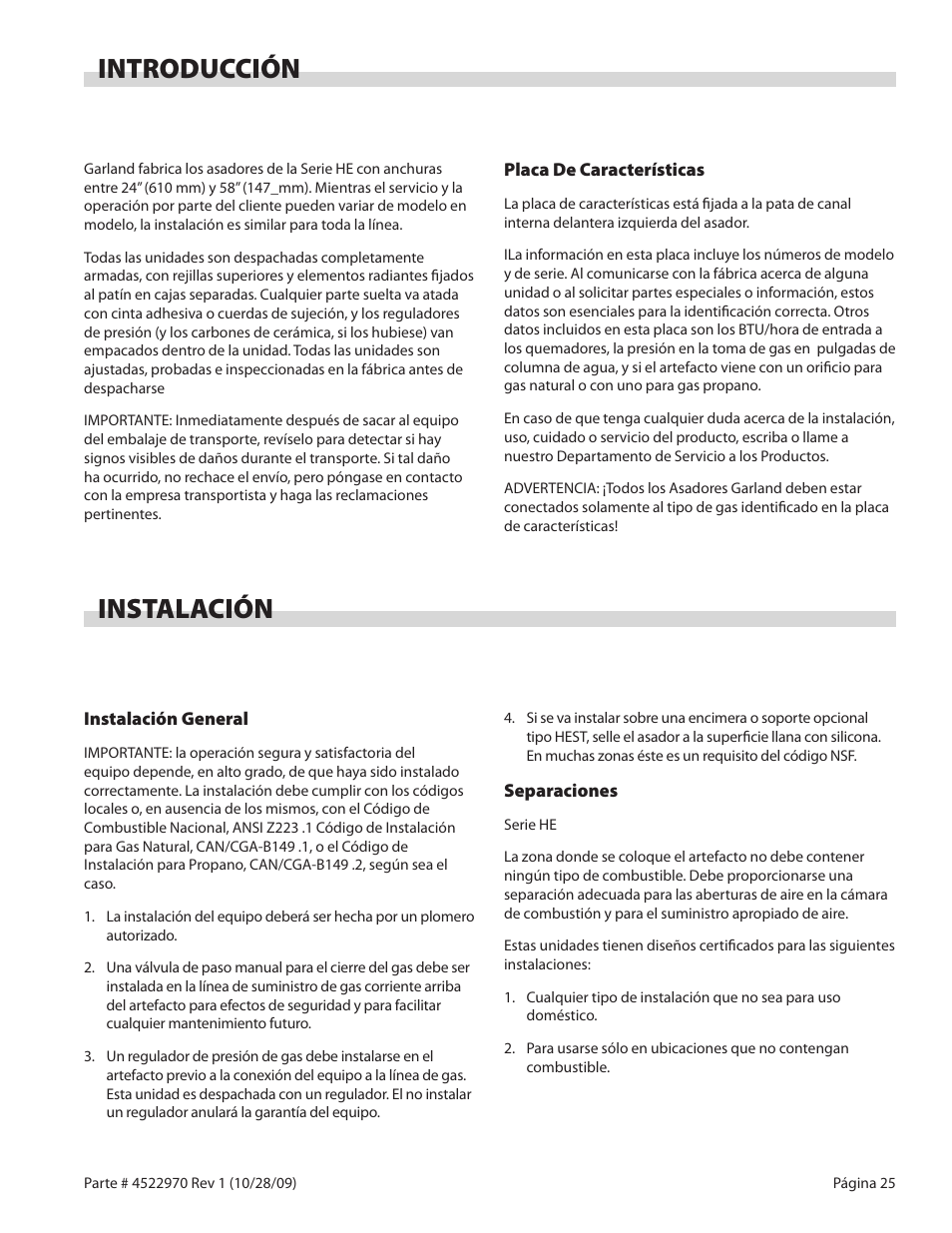 Introducción, Instalación | Garland RADIANT CHAR-BROILER 4522970 REV 1 User Manual | Page 25 / 32