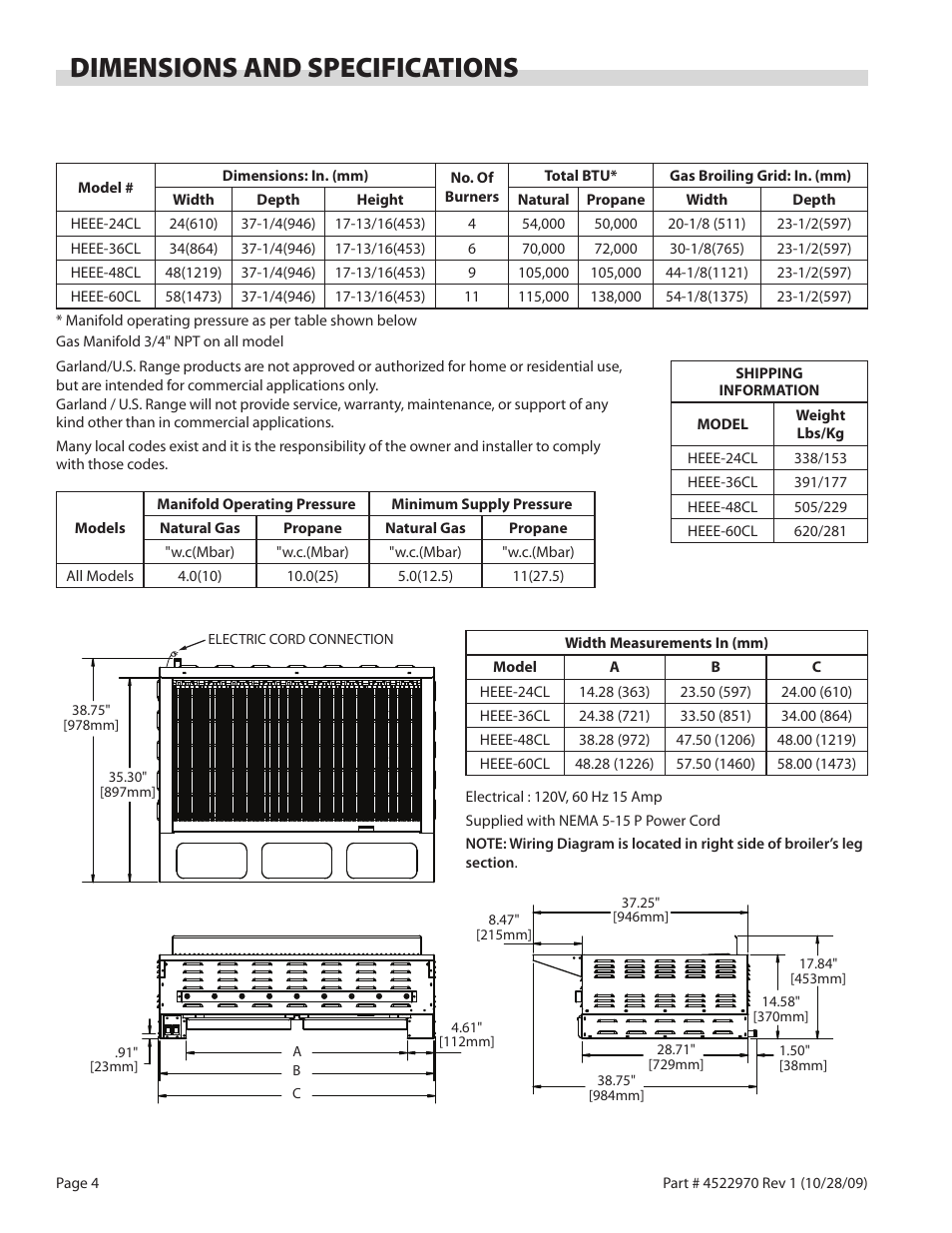 Dimensions and specifications | Garland RADIANT CHAR-BROILER 4522970 REV 1 User Manual | Page 4 / 32