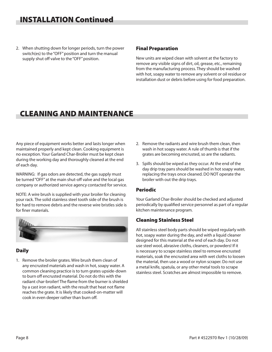 Installation continued, Cleaning and maintenance | Garland RADIANT CHAR-BROILER 4522970 REV 1 User Manual | Page 8 / 32