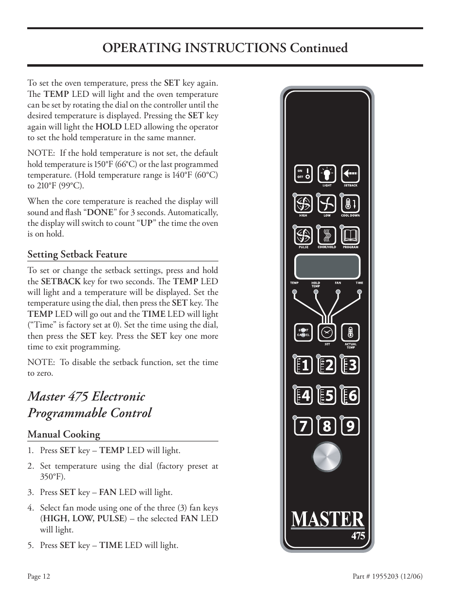 Master 475 electronic programmable control, Operating instructions continued | Garland Convection Microwave Oven User Manual | Page 12 / 44