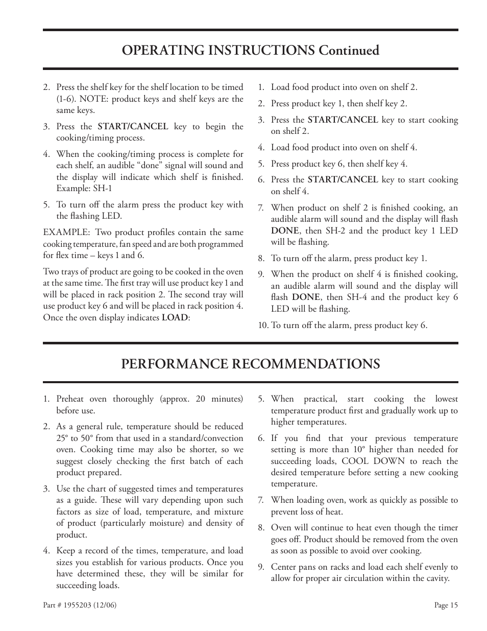 Operating instructions continued, Performance recommendations | Garland Convection Microwave Oven User Manual | Page 15 / 44