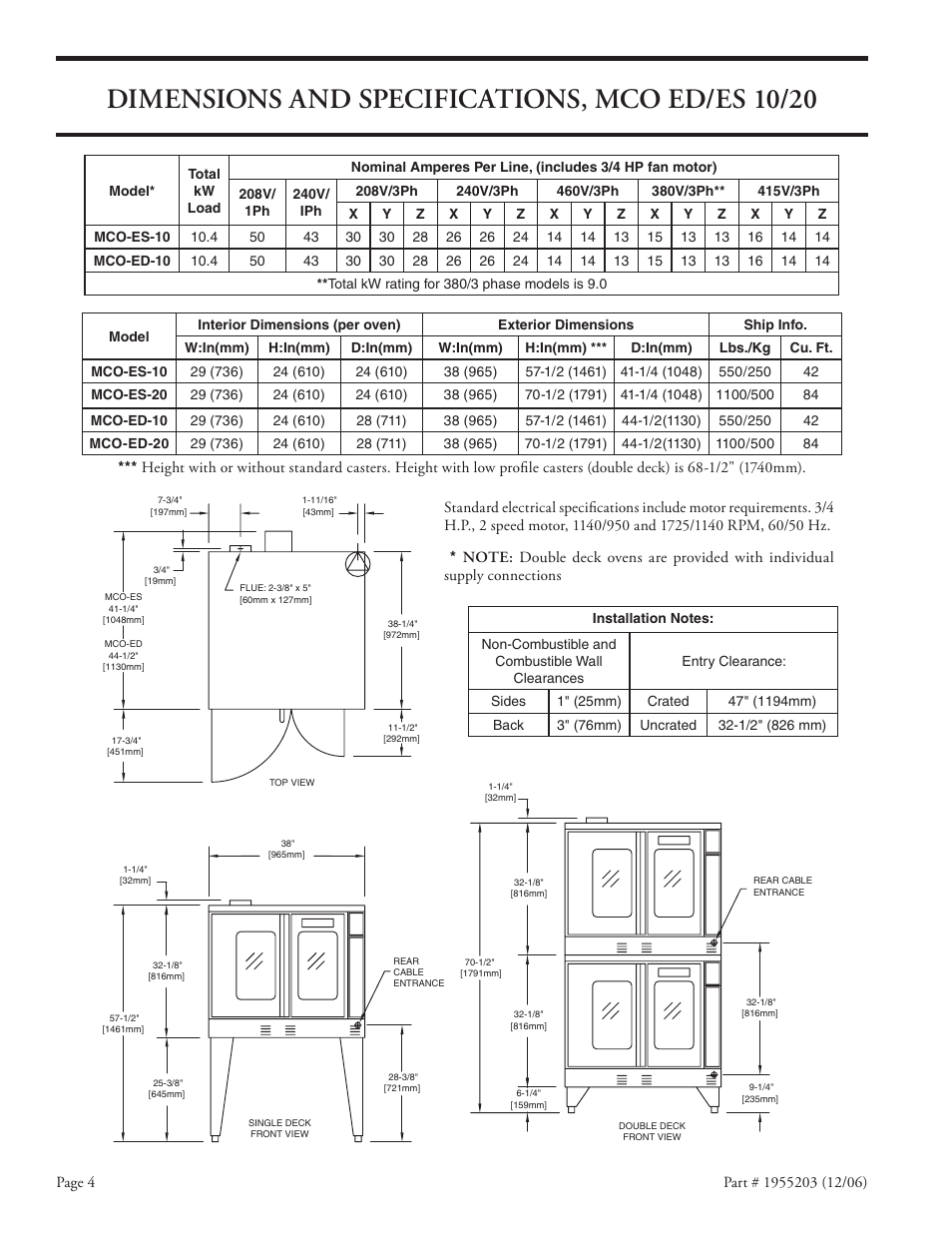 Dimensions and specifications, mco ed/es 10/20 | Garland Convection Microwave Oven User Manual | Page 4 / 44