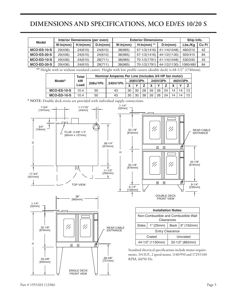 Dimensions and specifications, mco ed/es 10/20 s | Garland Convection Microwave Oven User Manual | Page 5 / 44