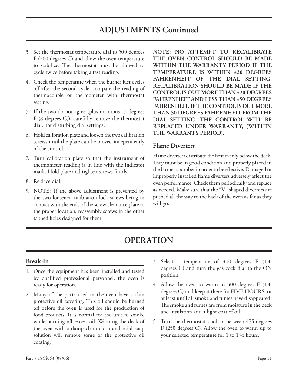 Adjustments continued, Operation | Garland GAS PIZZA OVENS User Manual | Page 11 / 28