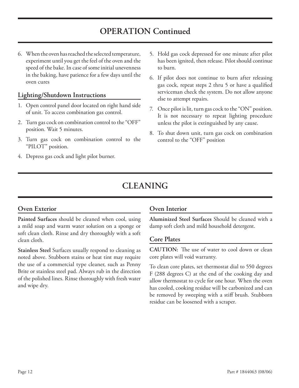 Cleaning, Operation continued | Garland GAS PIZZA OVENS User Manual | Page 12 / 28