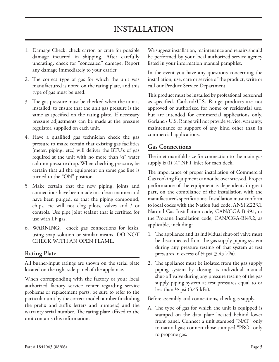 Installation | Garland GAS PIZZA OVENS User Manual | Page 5 / 28