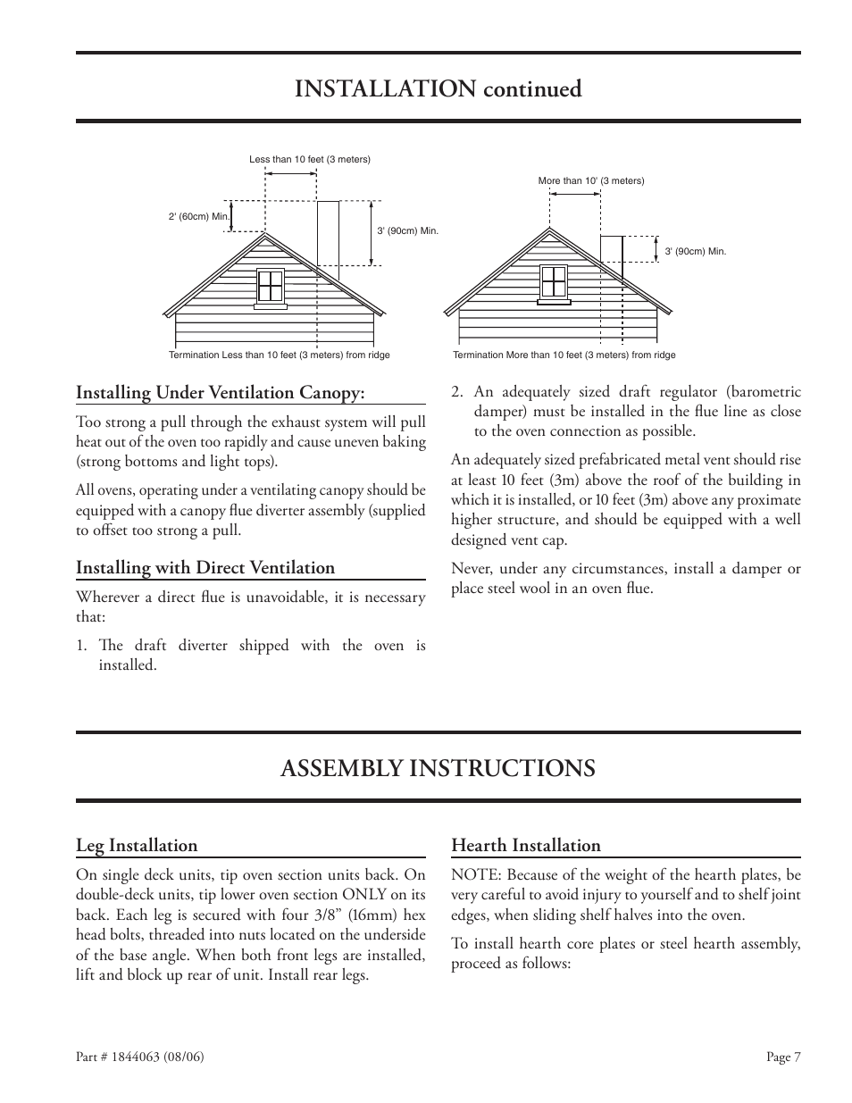 Installation continued, Assembly instructions, Installing under ventilation canopy | Installing with direct ventilation, Leg installation, Hearth installation | Garland GAS PIZZA OVENS User Manual | Page 7 / 28