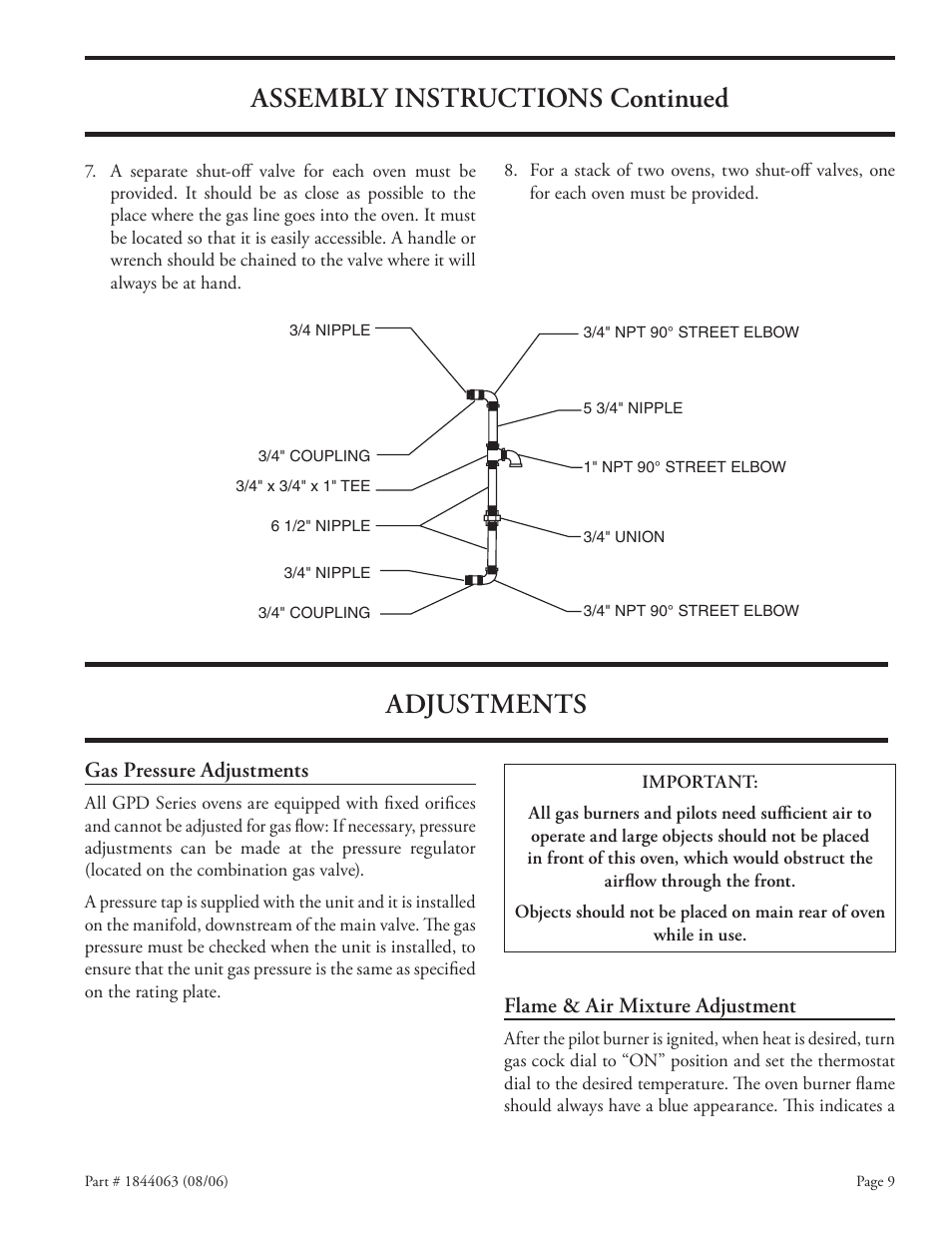 Assembly instructions continued, Adjustments | Garland GAS PIZZA OVENS User Manual | Page 9 / 28