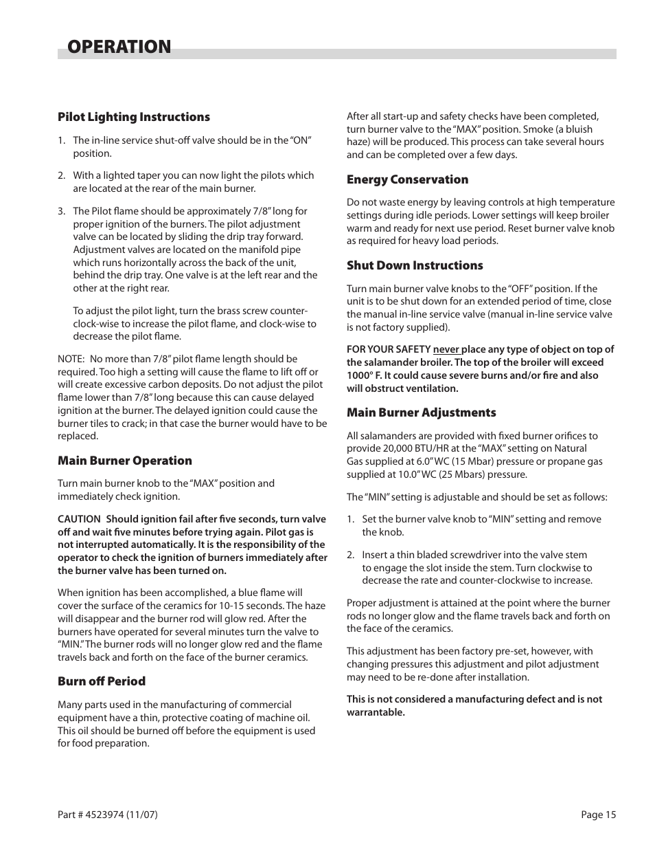 Operation | Garland Salamander Broiler User Manual | Page 15 / 52