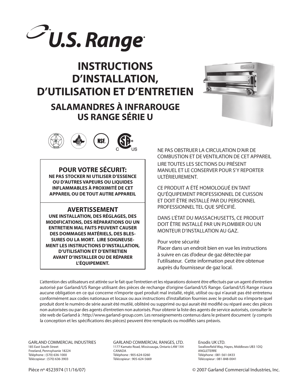 Salamandres à infrarouge us range série u, Pour votre sécurit, Avertissement | Garland Salamander Broiler User Manual | Page 17 / 52