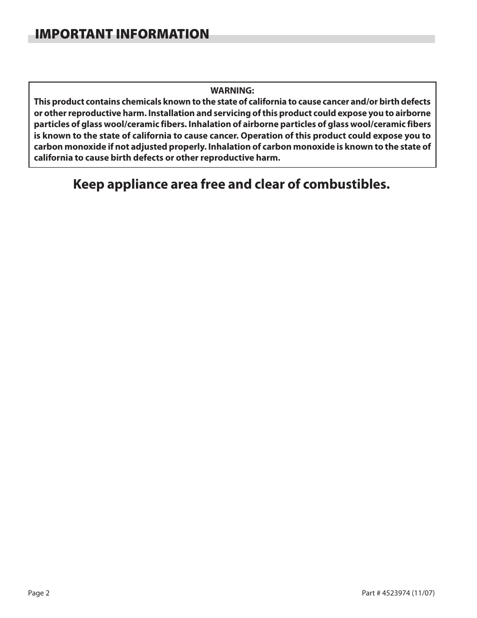 Important information, Keep appliance area free and clear of combustibles | Garland Salamander Broiler User Manual | Page 2 / 52