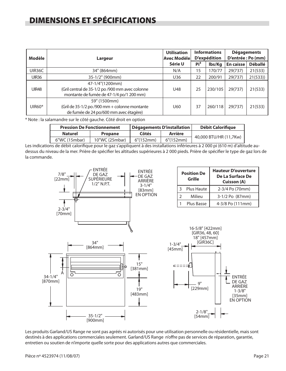 Dimensions et spécifications | Garland Salamander Broiler User Manual | Page 21 / 52