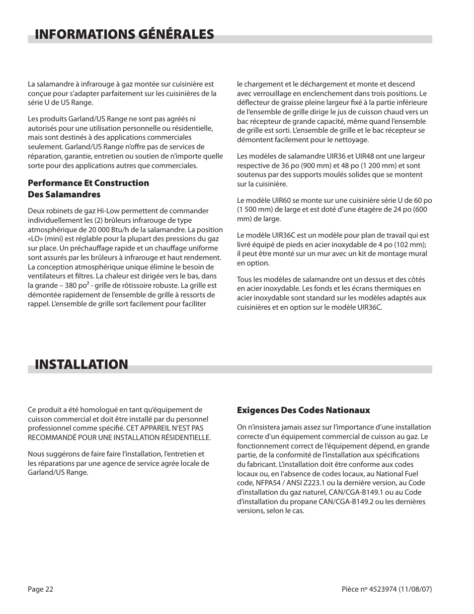 Informations générales, Installation | Garland Salamander Broiler User Manual | Page 22 / 52
