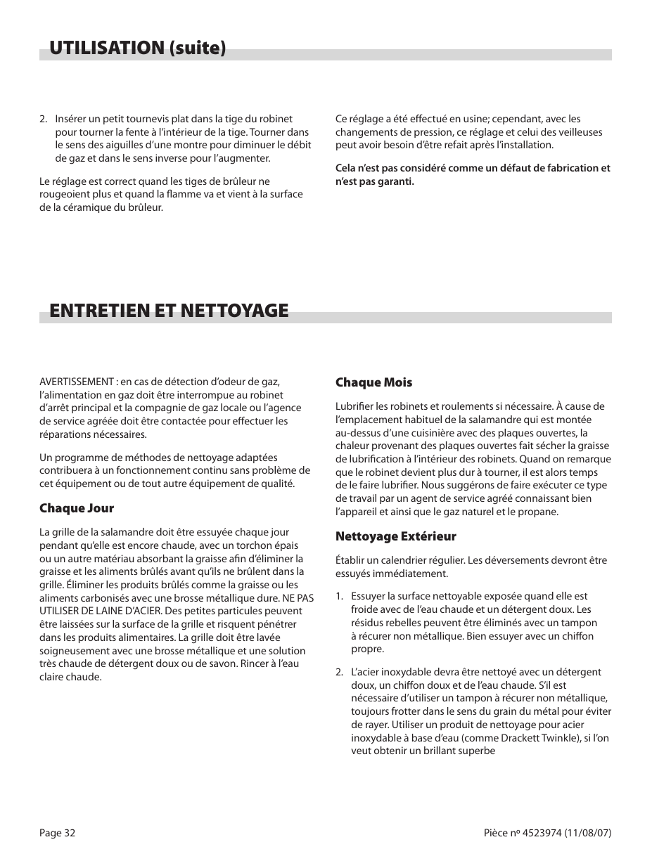 Entretien et nettoyage, Utilisation (suite) | Garland Salamander Broiler User Manual | Page 32 / 52