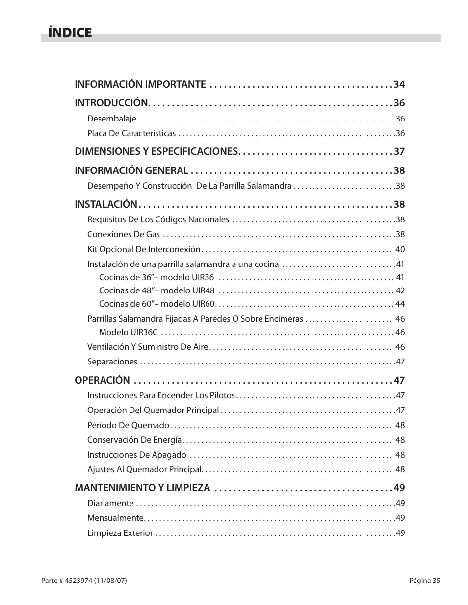 Índice | Garland Salamander Broiler User Manual | Page 35 / 52