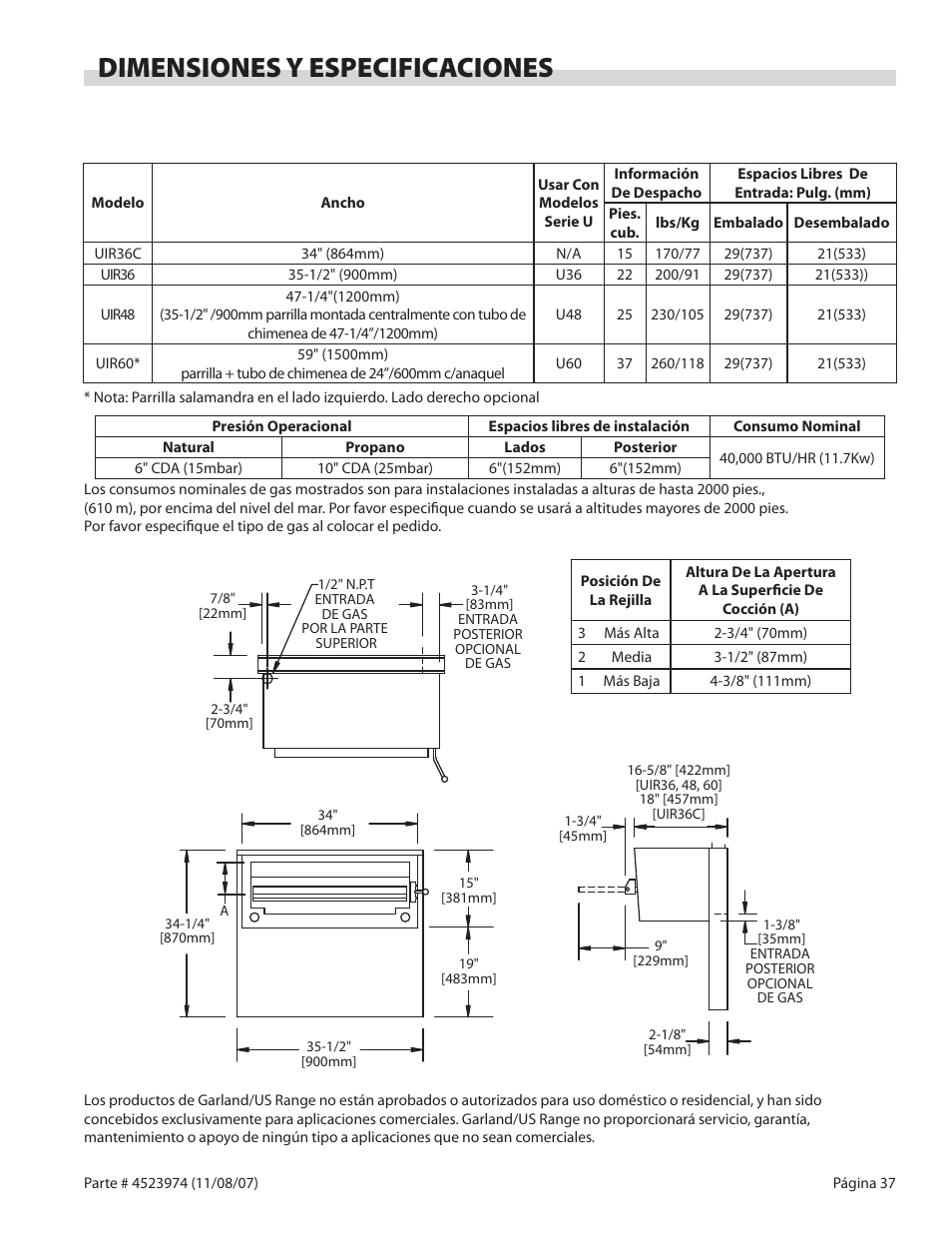 Dimensiones y especificaciones | Garland Salamander Broiler User Manual | Page 37 / 52