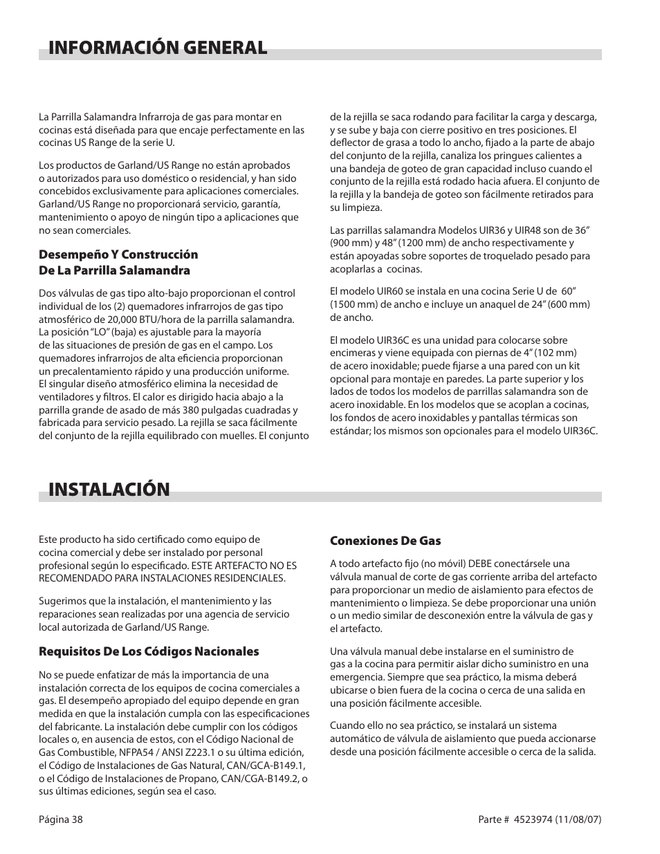 Información general, Instalación | Garland Salamander Broiler User Manual | Page 38 / 52