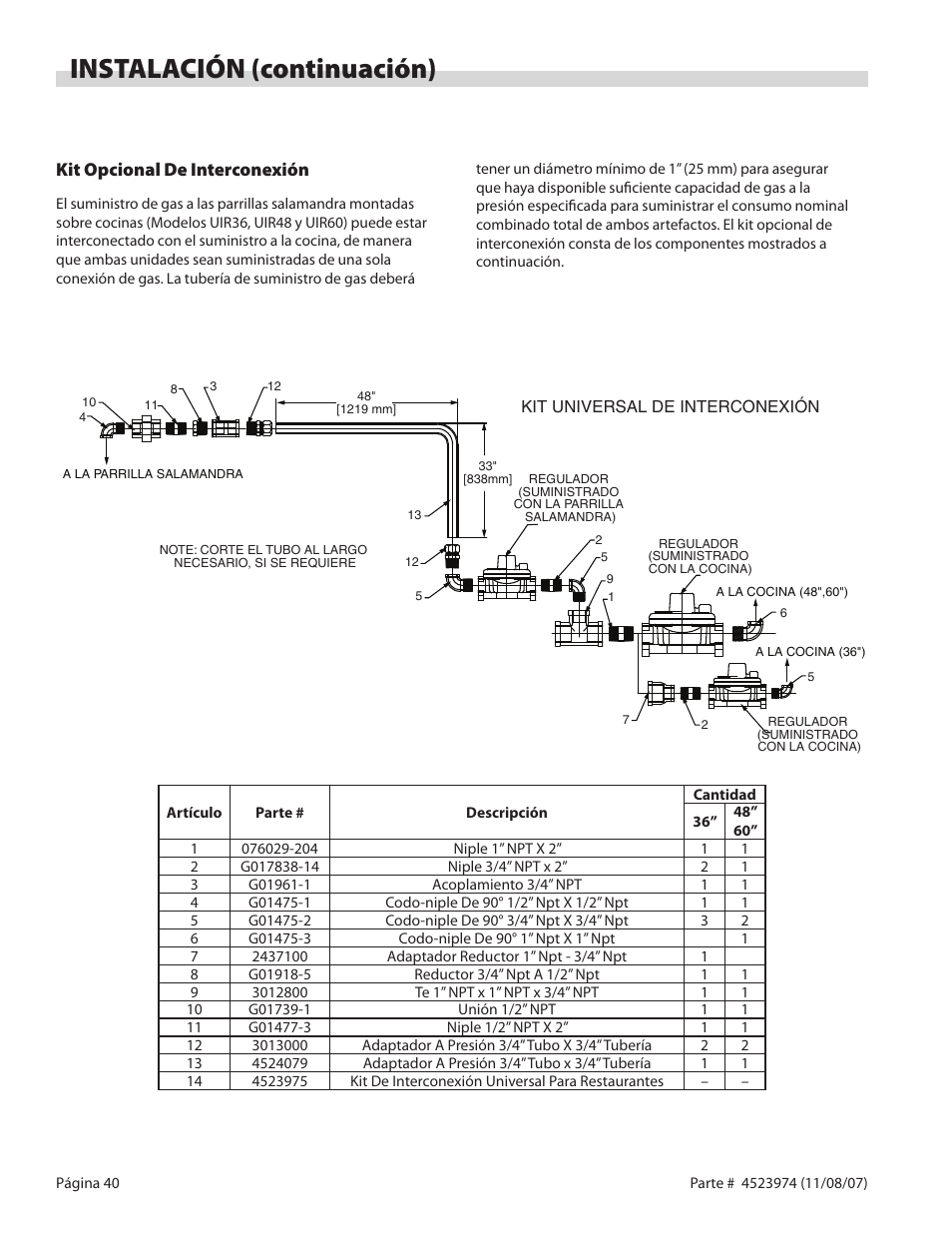 Instalación (continuación), Kit opcional de interconexión | Garland Salamander Broiler User Manual | Page 40 / 52