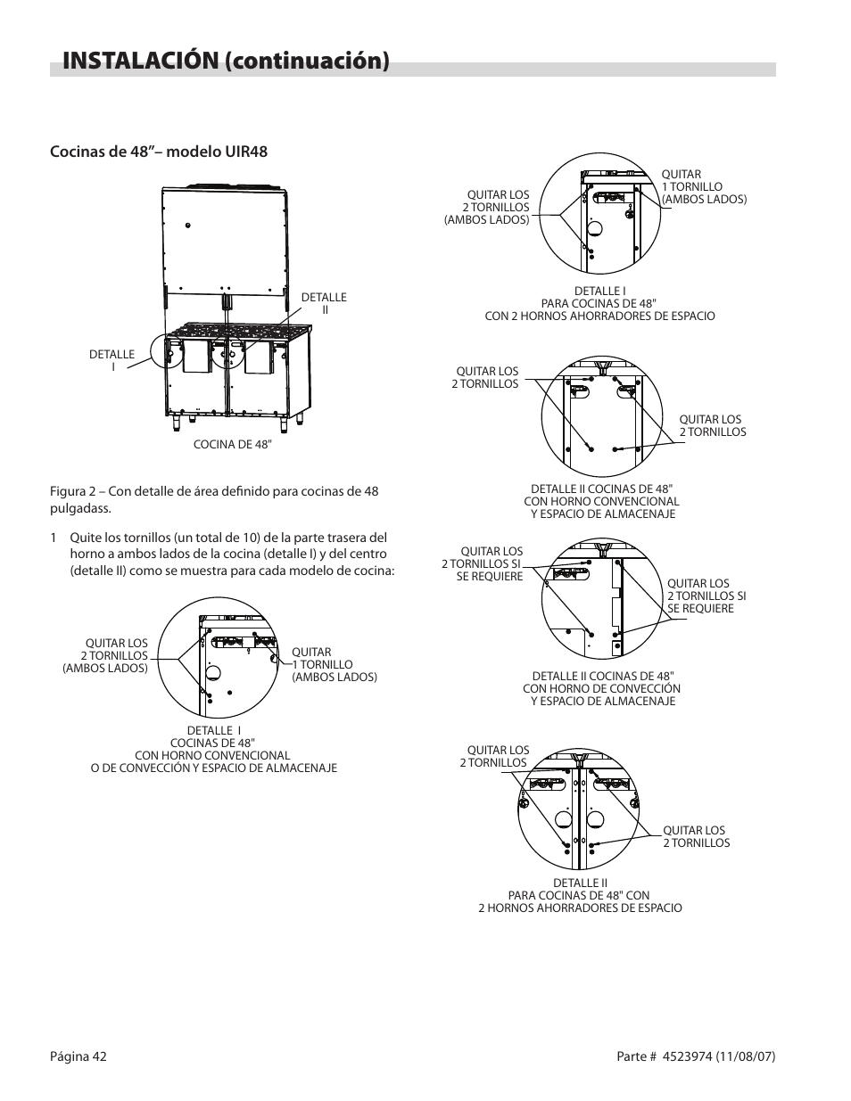 Instalación (continuación), Cocinas de 48”– modelo uir48 | Garland Salamander Broiler User Manual | Page 42 / 52