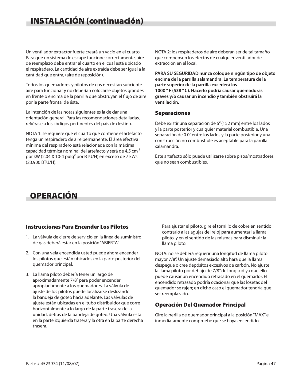 Operación, Instalación (continuación) | Garland Salamander Broiler User Manual | Page 47 / 52