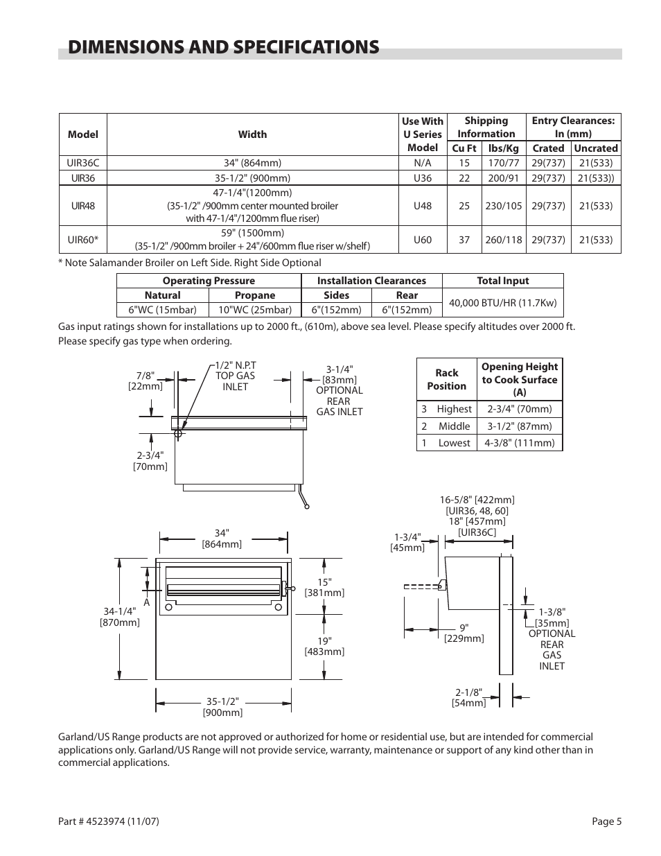 Dimensions and specifications | Garland Salamander Broiler User Manual | Page 5 / 52