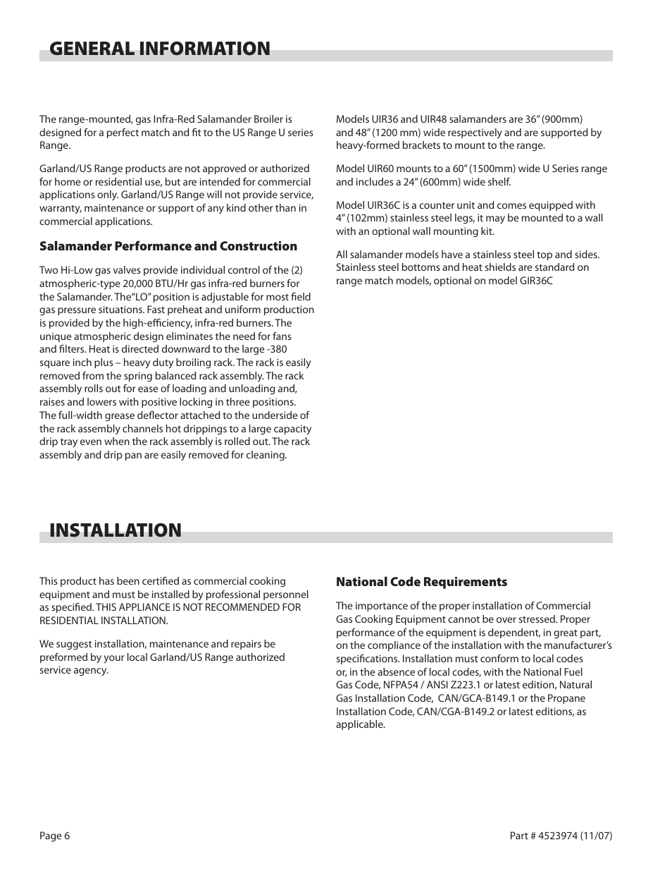General information, Installation | Garland Salamander Broiler User Manual | Page 6 / 52