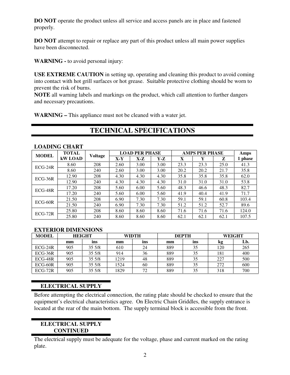 Technical specifications | Garland ECG User Manual | Page 3 / 12