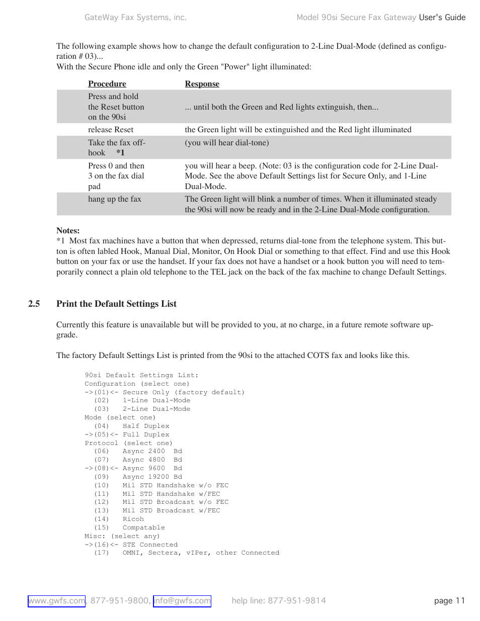 5 print the default settings list, Print the default settings list | GateWay Fax Systems 90SI User Manual | Page 11 / 29