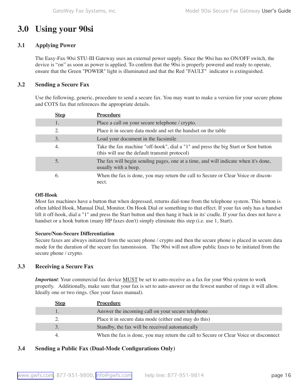 0 using your 90si, 1 applying power, 2 sending a secure fax | 3 receiving a secure fax, Using your 90si, Applying power, Sending a secure fax, Receiving a secure fax | GateWay Fax Systems 90SI User Manual | Page 16 / 29