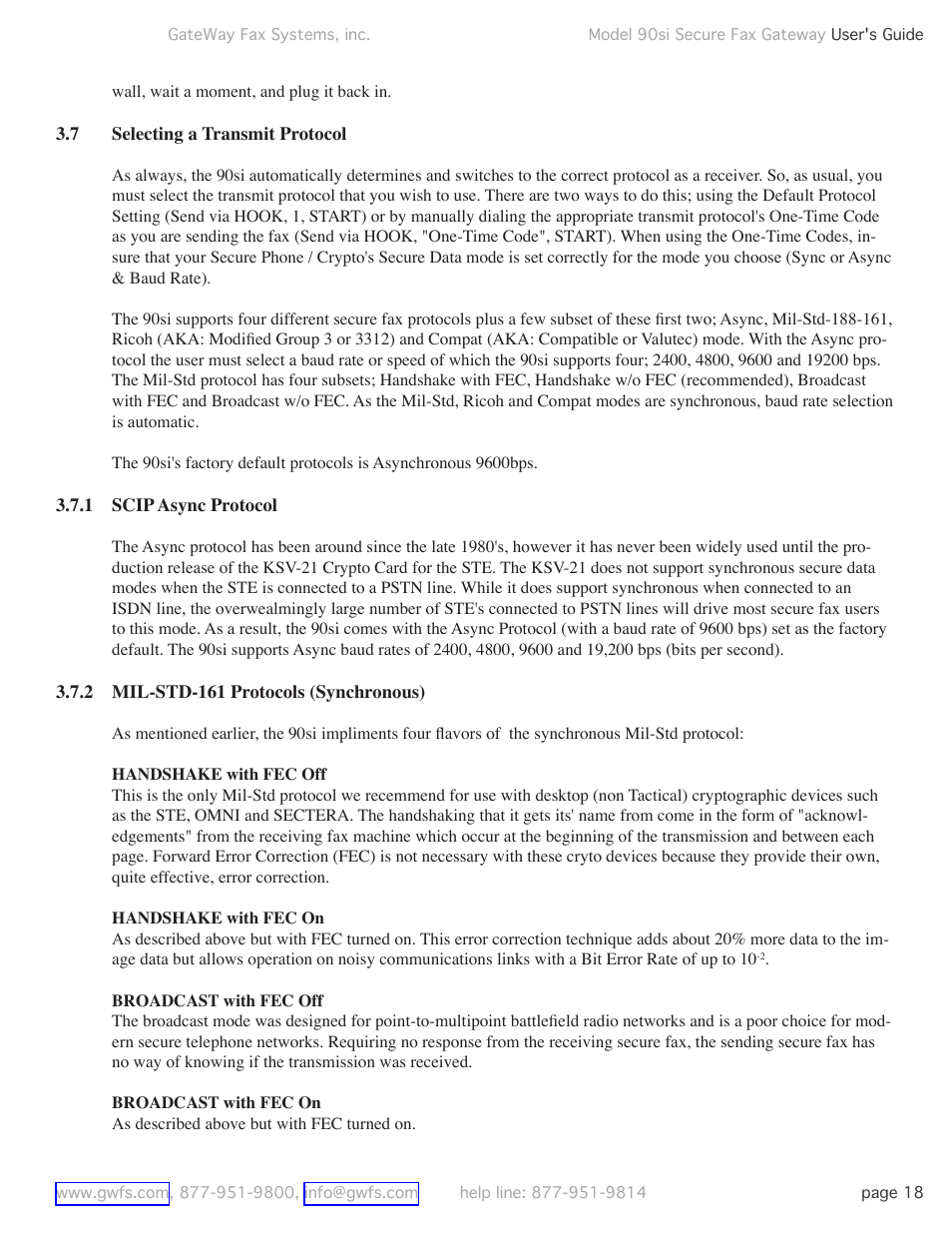 7 selecting a transmit protocol, 1 scip async protocol, 2 mil-std-161 protocols (synchronous) | Selecting a transmit protocol | GateWay Fax Systems 90SI User Manual | Page 18 / 29