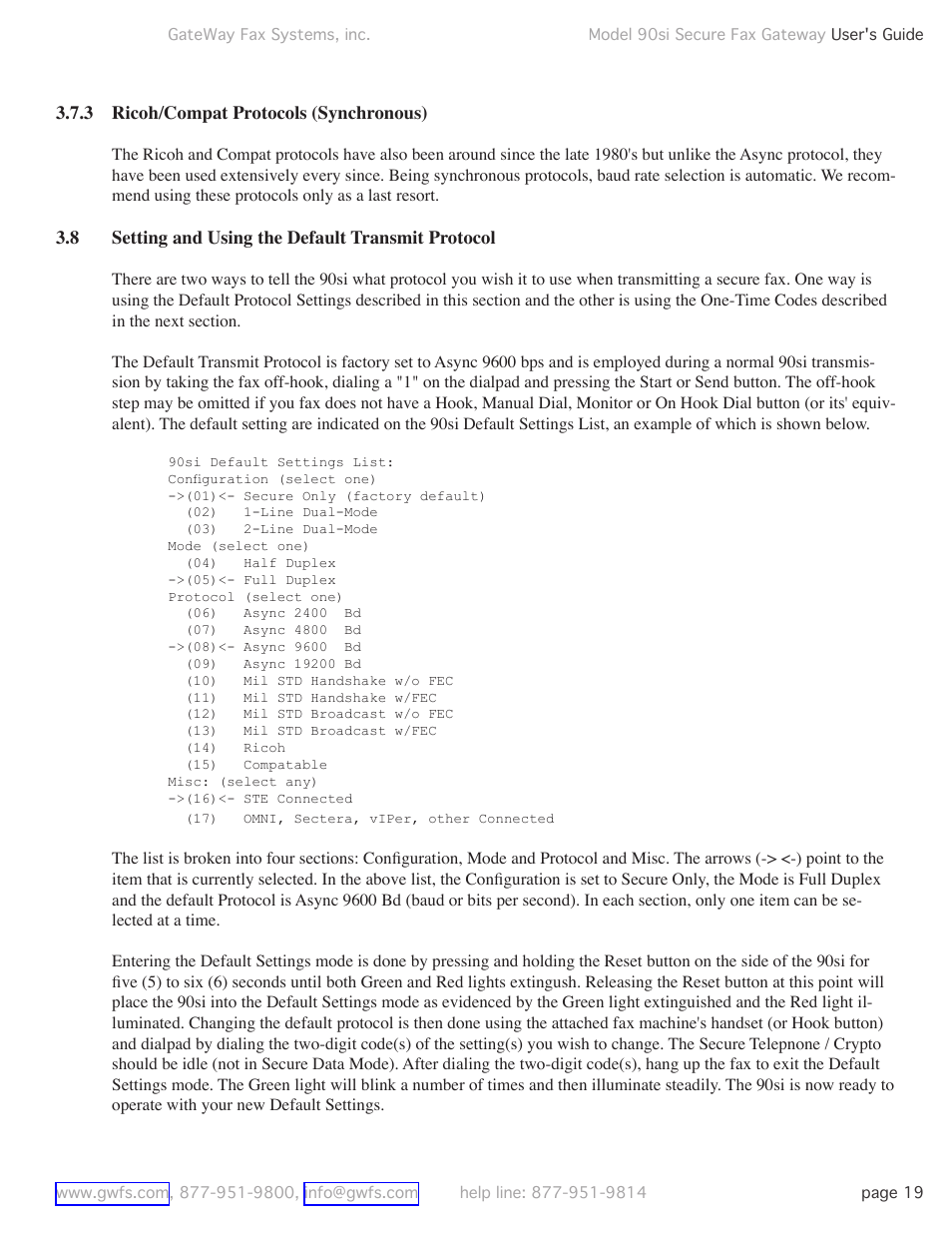 3 ricoh/compat protocols (synchronous), 8 setting and using the default transmit protocol, Setting and using the default transmit protocol | GateWay Fax Systems 90SI User Manual | Page 19 / 29