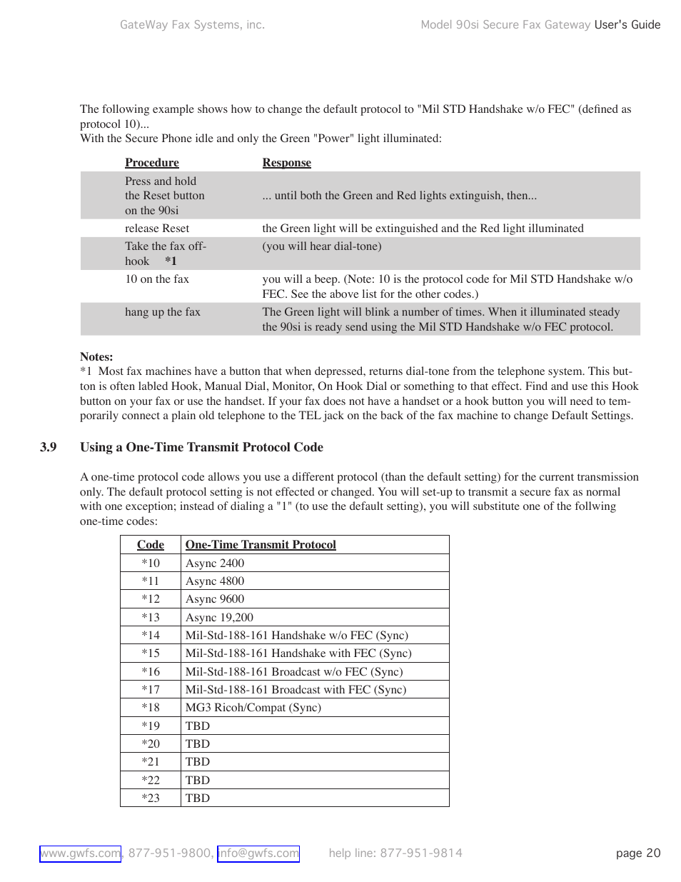 9 using a one-time transmit protocol code, Using a one-time transmit protocol code | GateWay Fax Systems 90SI User Manual | Page 20 / 29