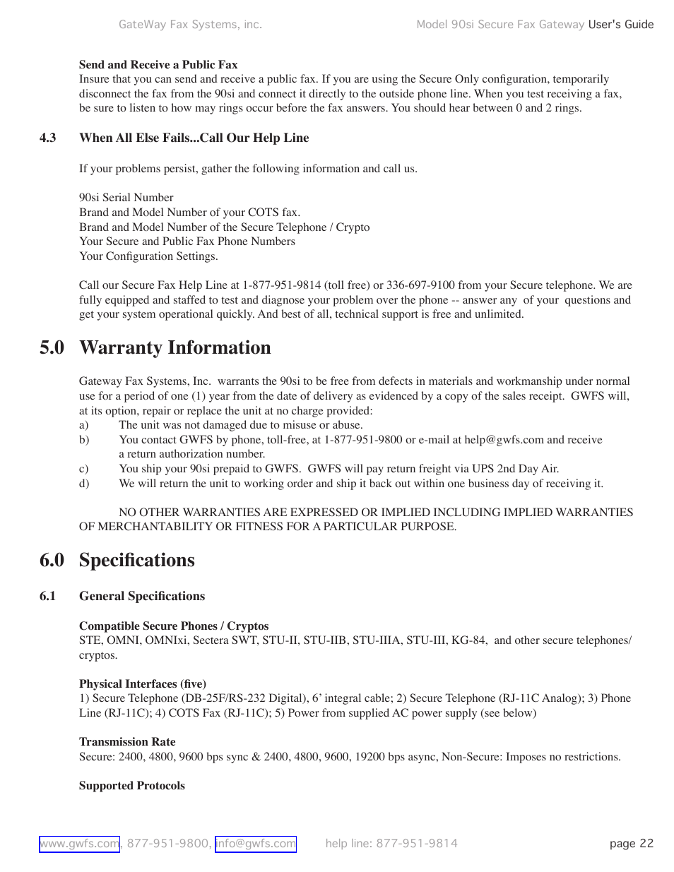 3 when all else fails...call our help line, 0 warranty information, 0 specifications | 1 general specifications, When all else fails...call our help line, Warranty information, Speciﬁcations, General speciﬁcations, 0 speciﬁcations | GateWay Fax Systems 90SI User Manual | Page 22 / 29