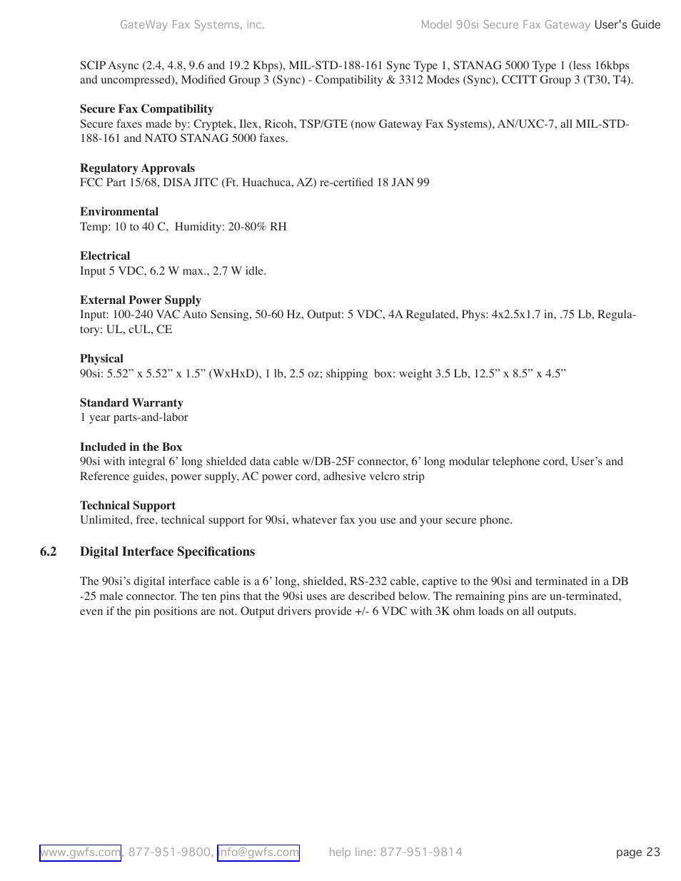 2 digital interface specifications, Digital interface speciﬁcations | GateWay Fax Systems 90SI User Manual | Page 23 / 29