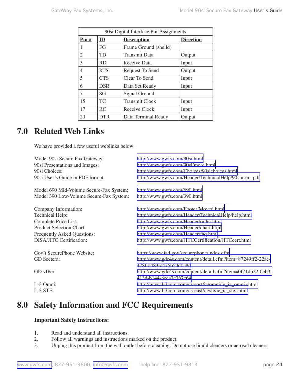 0 related web links, 0 safety information and fcc requirements, Related web links | Safety information and fcc requirements | GateWay Fax Systems 90SI User Manual | Page 24 / 29