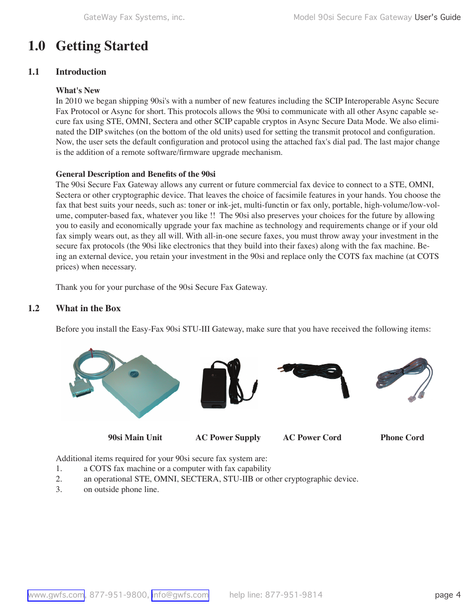 0 getting started, 1 introduction, 2 what in the box | Getting started, Introduction, What in the box | GateWay Fax Systems 90SI User Manual | Page 4 / 29