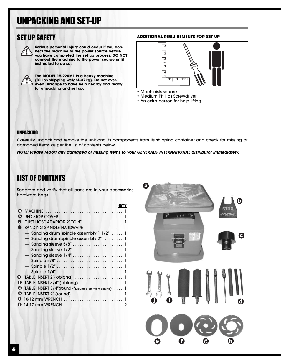 Unpacking and set-up, List of contents, Set up safety | General Tire 15-220 User Manual | Page 6 / 18