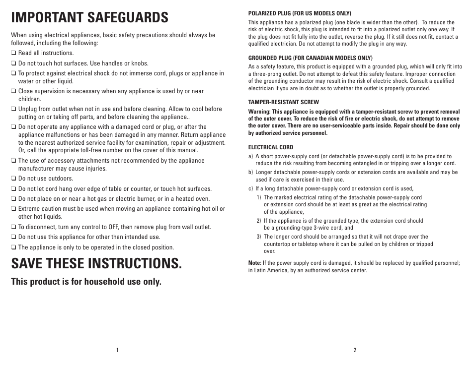 Important safeguards, Save these instructions, This product is for household use only | George Foreman GR236CTBQ User Manual | Page 2 / 25