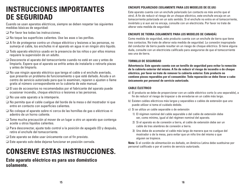 Instrucciones importantes de seguridad, Conserve estas instrucciones | George Foreman GR236CTBQ User Manual | Page 9 / 25